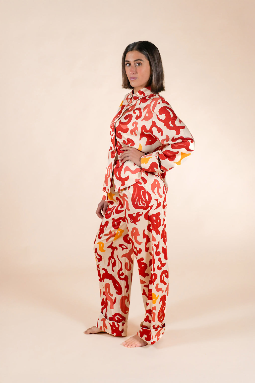 Womens 100% Bamboo Midweight Lounge Set - Ivory Anemone