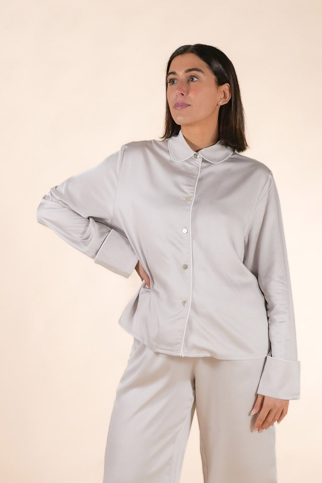 Womens 100% Bamboo Midweight Lounge Set - Silver Ivory