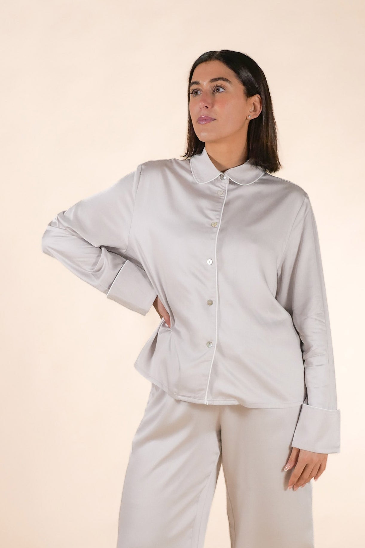 Womens 100% Bamboo Midweight Lounge Set - Silver Ivory